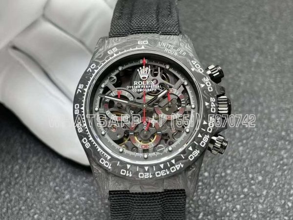 Rolex Daytona DIW Skeleton Dial in Carbon with Red Hands on Black Nylon Strap