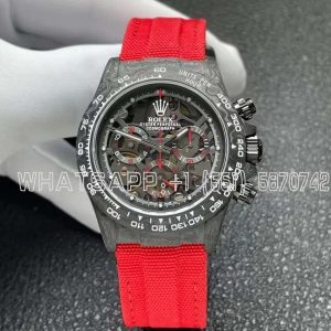 Rolex Daytona DIW Skeleton Dial in Carbon with Red Hands on Red Nylon Strap