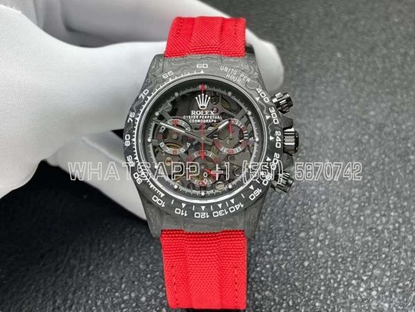 Rolex Daytona DIW Skeleton Dial in Carbon with Red Hands on Red Nylon Strap