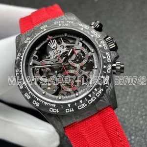 Rolex Daytona DIW Skeleton Dial in Carbon with Red Hands on Red Nylon Strap