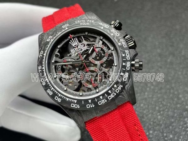 Rolex Daytona DIW Skeleton Dial in Carbon with Red Hands on Red Nylon Strap