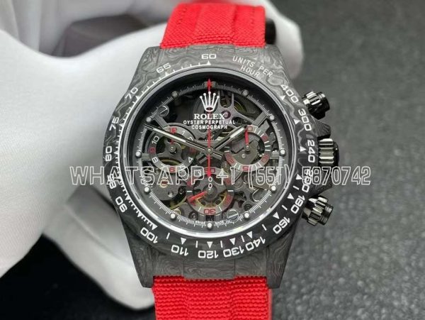 Rolex Daytona DIW Skeleton Dial in Carbon with Red Hands on Red Nylon Strap