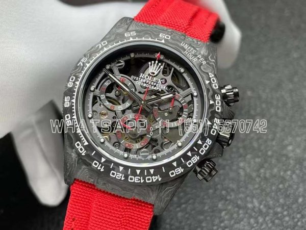 Rolex Daytona DIW Skeleton Dial in Carbon with Red Hands on Red Nylon Strap