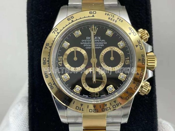 Rolex Daytona 116523 SS 904L & Yellow Gold Black Dial Diamond Markers Swiss 4130 Clean Factory