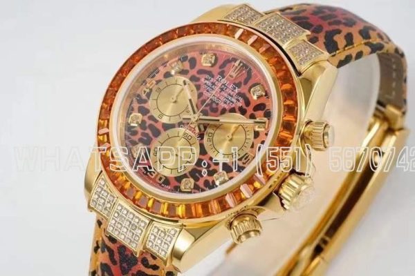 Rolex Daytona Blaken Rainbow Yellow Gold Leopard Dial Diamond Bezel SA4130