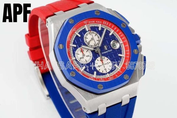 Audemars Piguet Royal Oak Offshore 44mm SS Blue/Red Dial on Blue/Red Rubber Strap A3126