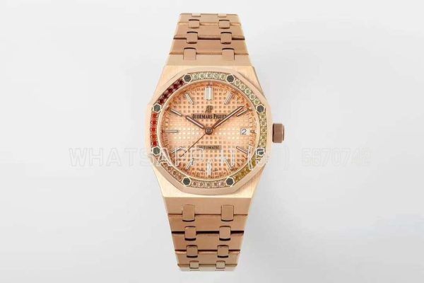 Audemars Piguet Royal Oak 15450ST 37mm Champagne Dial in Rose Gold with Rainbow Diamond Bezel