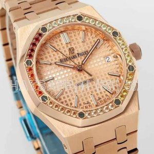 Audemars Piguet Royal Oak 15450ST 37mm Champagne Dial in Rose Gold with Rainbow Diamond Bezel