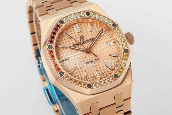 Audemars Piguet Royal Oak 15450ST 37mm Champagne Dial in Rose Gold with Rainbow Diamond Bezel
