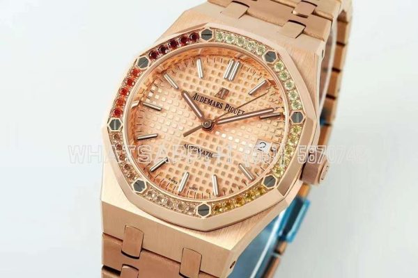 Audemars Piguet Royal Oak 15450ST 37mm Champagne Dial in Rose Gold with Rainbow Diamond Bezel