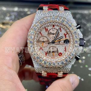 Audemars Piguet Royal Oak Offshore 42mm Two Tone Rose Gold Rubber Strap Moissanite Watch