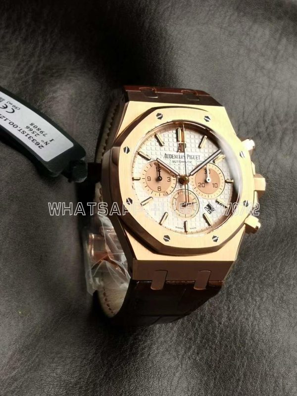 Audemars Piguet Royal Oak Offshore Self-Winding Chronograph White/Rose Gold Dial in Rose Gold on Leather Strap