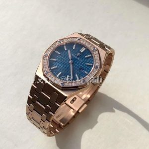 Audemars Piguet Royal Oak Quartz 33mm Rose Gold Blue Dial Diamond Beze