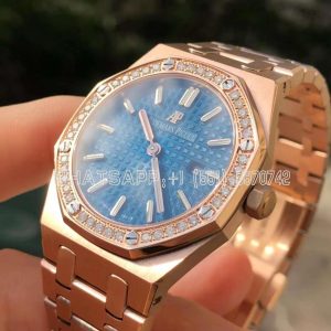 Audemars Piguet Royal Oak Quartz 33mm Rose Gold Blue Dial Diamond Beze