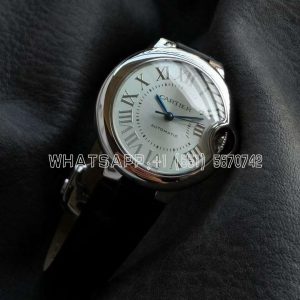 Cartier Ballon Bleu de Cartier 33mm Ice Blue Dial Steel on Black Leather Strap