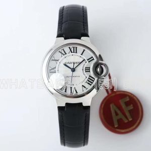 Cartier Ballon Bleu de Cartier 33mm White Texture Dial Steel on Black Leather Strap