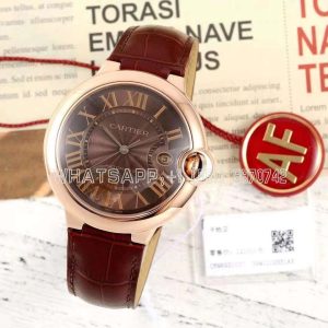 Cartier Ballon Bleu De Cartier 42mm Brown Dial in Rose Gold on Red Leather Strap