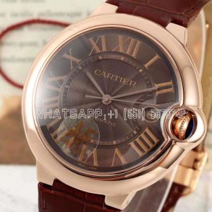 Cartier Ballon Bleu De Cartier 42mm Brown Dial in Rose Gold on Red Leather Strap