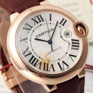 Cartier Ballon Bleu De Cartier 42mm White Dial in Rose Gold on Red Leather Strap