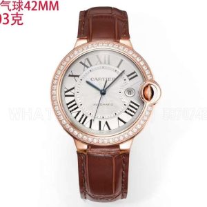 Cartier Ballon Bleu de Cartier 42mm White Dial in Rose Gold with Diamonds Red Leather Strap