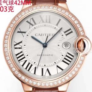 Cartier Ballon Bleu de Cartier 42mm White Dial in Rose Gold with Diamonds Red Leather Strap