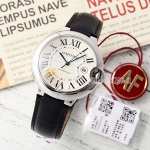 Cartier Ballon Bleu De Cartier 42mm White Dial in Steel on Black Leather Strap