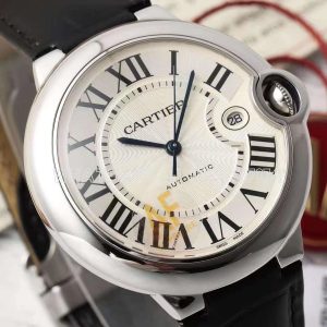 Cartier Ballon Bleu De Cartier 42mm White Dial in Steel on Black Leather Strap