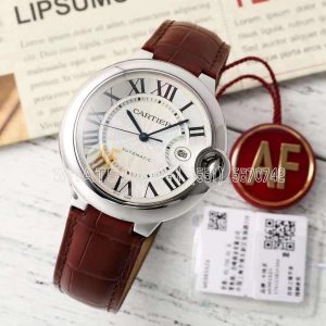 Cartier Ballon Bleu De Cartier 42mm White Dial in Steel on Red Leather Strap