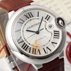 Cartier Ballon Bleu De Cartier 42mm White Dial in Steel on Red Leather Strap