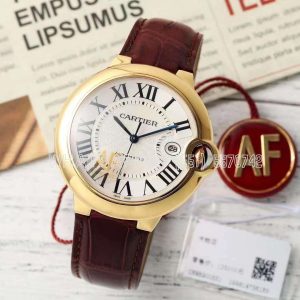 Cartier Ballon Bleu De Cartier 42mm White Dial in Yellow Gold on Red Leather Strap