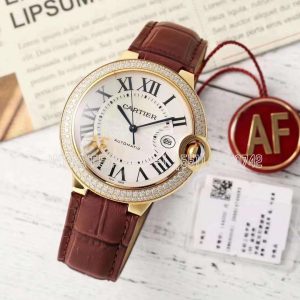 Cartier Ballon Bleu de Cartier 42mm White Dial in Yellow Gold with Diamonds Red Leather Strap