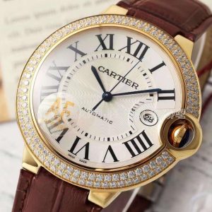 Cartier Ballon Bleu de Cartier 42mm White Dial in Yellow Gold with Diamonds Red Leather Strap