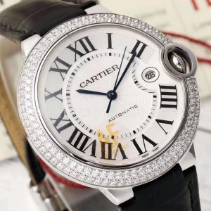 Cartier Ballon Bleu de Cartier 42mm White Dial with Diamonds Black Leather Strap