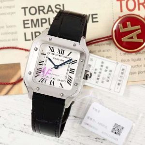 Cartier Santos de Cartier 35mm White Dial in Steel Black Leather Strap