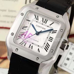 Cartier Santos de Cartier 35mm White Dial in Steel Black Leather Strap