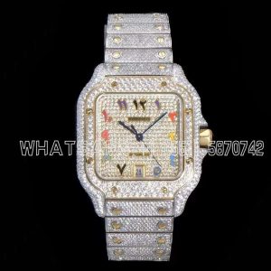 Cartier Santos de Cartier 40mm Diamond Paved Dial with Colourful Arabic Markers in Steel/Yellow Gold