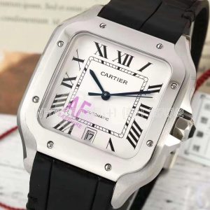 Cartier Santos de Cartier 40mm White Dial in Steel Black Leather Strap