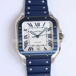 Cartier Santos de Cartier 40mm White Dial in Steel on Blue Rubber Strap
