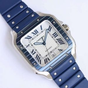 Cartier Santos de Cartier 40mm White Dial in Steel on Blue Rubber Strap