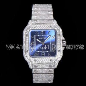 Cartier Santos De Cartier New Full Set Diamonds Top Quality Blue Dial 40mm