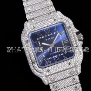 Cartier Santos De Cartier New Full Set Diamonds Top Quality Blue Dial 40mm