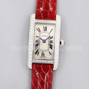 Cartier Tank Americaine Watch 19mm White Dial with Diamond Bezel in Steel on Red Alligator Strap
