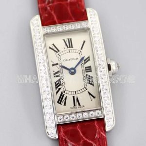 Cartier Tank Americaine Watch 19mm White Dial with Diamond Bezel in Steel on Red Alligator Strap