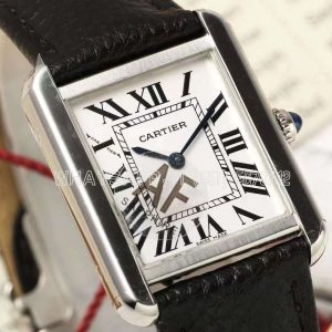 Cartier Tank Must 29.5mm Small White Dial in Steel Black leather strap