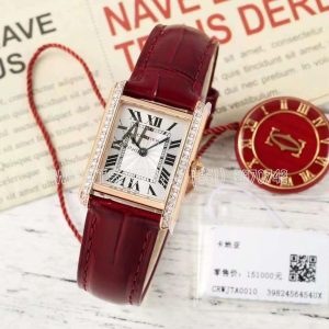 Cartier Tank Must 29.5mm Small White Dial with Diamond Bezel in Rose Gold Red leather strap