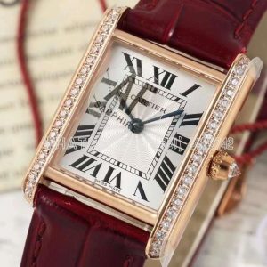 Cartier Tank Must 29.5mm Small White Dial with Diamond Bezel in Rose Gold Red leather strap