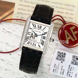 Cartier Tank Must 29.5mm Small White Dial with Diamond Bezel in Steel Black alligator leather Strap