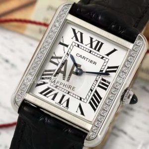 Cartier Tank Must 29.5mm Small White Dial with Diamond Bezel in Steel Black alligator leather Strap