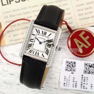Cartier Tank Must 29.5mm Small White Dial with Diamond Bezel in Steel Black leather strap