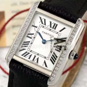 Cartier Tank Must 29.5mm Small White Dial with Diamond Bezel in Steel Black leather strap